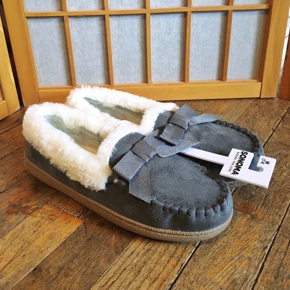 Grey Faux Fur Moccasin Slippers